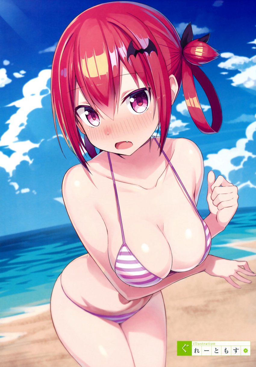 absurdres arm_under_breasts artist_name bangs beach bikini blue_sky blurry blurry_background blush breast_hold breasts cleavage cloud collarbone cowboy_shot day depth_of_field dutch_angle female fisheye gabriel_dropout greatmosu hair_between_eyes hair_ornament hair_rings halterneck highres kurumizawa_satanichia_mcdowell large_breasts navel non-web_source oerba_yun_fang onidere open_mouth outdoors photoshop_(medium) pink_eyes red_hair satanichia_kurumizawa_mcdowell scan sky solo string_bikini striped striped_bikini swimsuit water