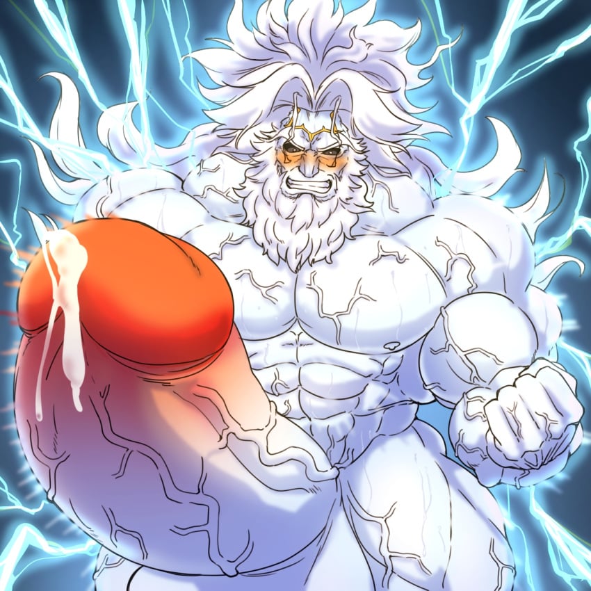 balls bara big_balls big_penis blush cum d_ron_r fate/grand_order fate_(series) gay hyper_balls hyper_penis male male_only muscles muscular penis solo solo_male sweaty white_body white_hair white_skin zeus_(fate) ろん