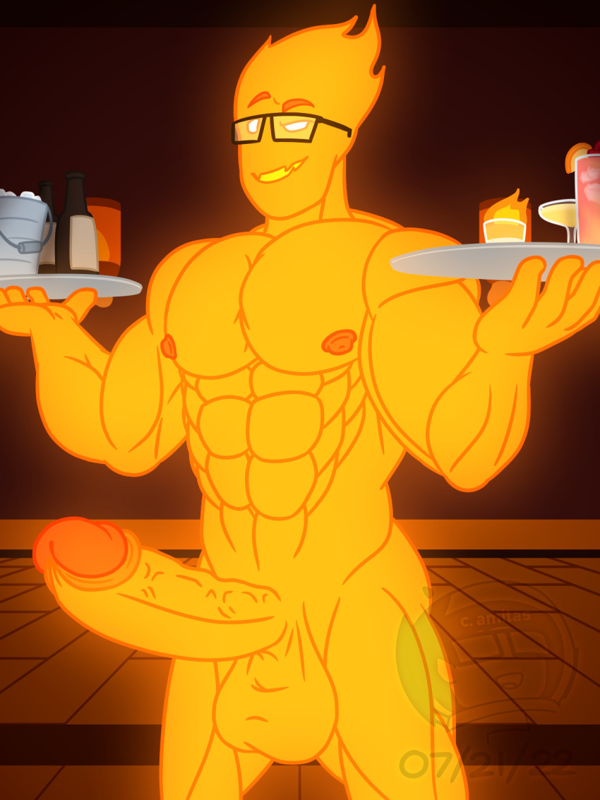 1boy 2d bara big_penis fire_elemental glasses grillby huge_cock humanoid iwtbat_(artist) male male_only naked nipples solo tagme undertale undertale_(series)