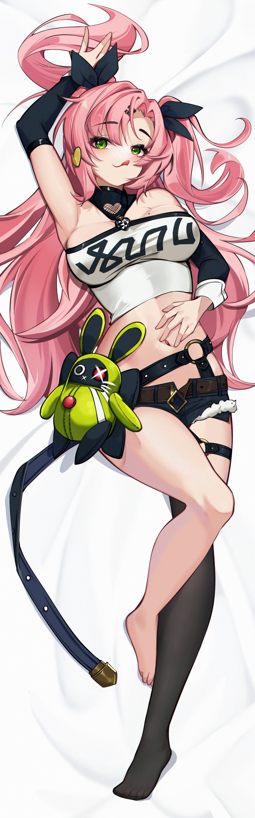 1girls :p bed belly_button big_breasts black_ribbon blush breasts busty dakimakura dakimakura_design female female_only green_eyes hair_clips hair_ribbon hair_ribbons hairclip hand_on_stomach long_hair lying_on_bed mole mole_on_breast nicole_demara on_bed one_arm_up pink_hair ribbon ribbons shorts single_thighhigh stomach streetwear suyujiu_u thick_thighs thighhighs top twintails zenless_zone_zero