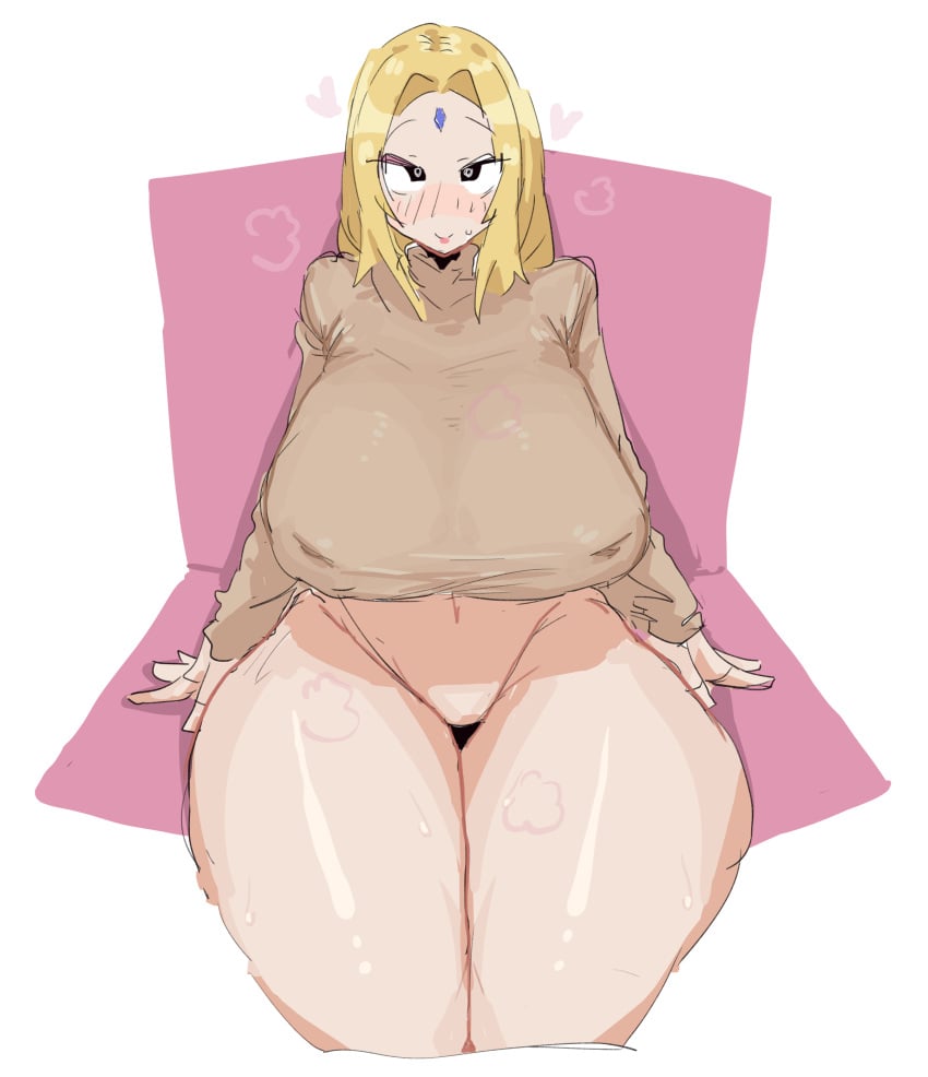 1girls big_breasts black_thong blonde_female blonde_hair blush breasts busty exposed_midriff exposed_navel female forehead_jewel forehead_mark huge_breasts large_breasts leebongchun looking_at_viewer mature_female midriff milf narrow_shoulders naruto naruto_(classic) naruto_(series) naruto_shippuden navel nipple_bulge nipples no_pants shounen_jump solo thick thick_thighs thong tsunade voluptuous wide_hips