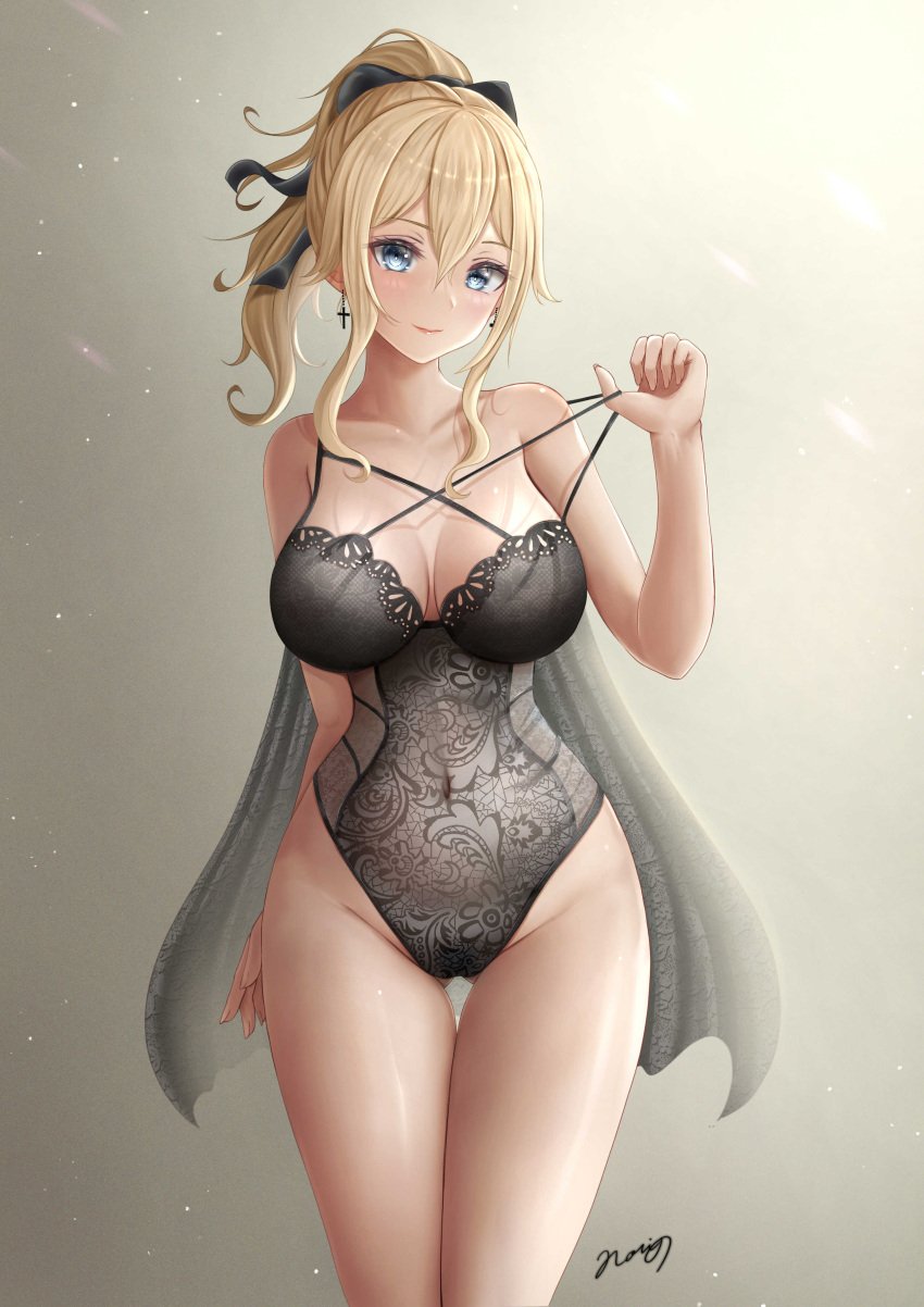 1girls 2022 black_lingerie blonde_female blonde_hair blue_eyes blush bow bow_in_hair breasts female female_only genshin_impact highleg hips jean_gunnhildr large_breasts light-skinned_female light_skin lingerie looking_at_viewer medium_hair norino ponytail simple_background slim_waist thick_thighs thigh_gap thighs wide_hips