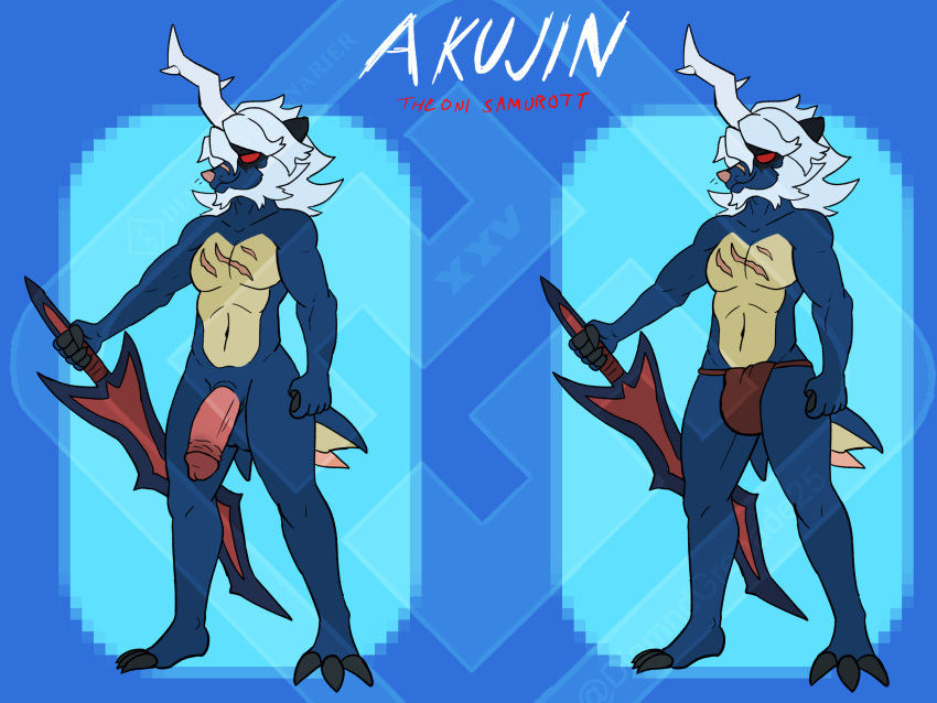 4:3 akujin_the_oni_samurott anthro asian_clothing blue_body clothing diamond_grenadier east_asian_clothing genitals hi_res hisuian_form hisuian_samurott horn japanese_clothing male melee_weapon nintendo nude penis pokémon_(species) pokémorph pokemon poking_out red_eyes regional_form_(pokémon) samurott scar shiny_pokémon solo solo_focus sword video_games weapon