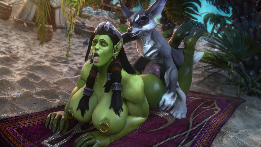 1boy 1girls 3d ahe_gao animal_genitalia beach beach_towel big_breasts blizzard_entertainment female from_behind green_skin huge_breasts male male/female muscular_female nipple_piercing nipple_rings on_stomach orc orc_female vulpera vulpera_male world_of_warcraft zentaeron