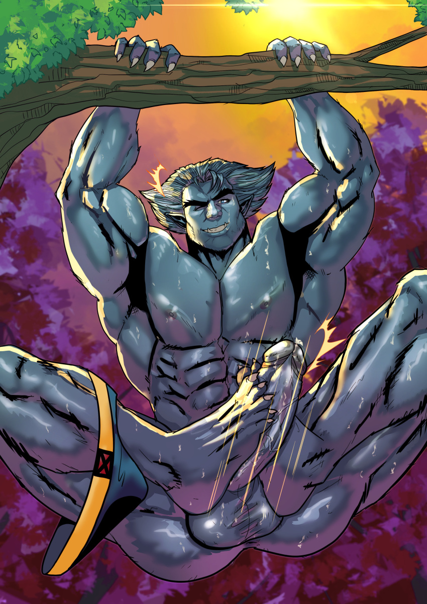 anthro autofootjob balls bara beast_(x-men) big_balls big_penis blue_skinned_male boner erection footjob furry gay hank_mccoy male male_only marvel marvel_comics muscles muscular penis solo solo_male sweaty tom_cray x-men