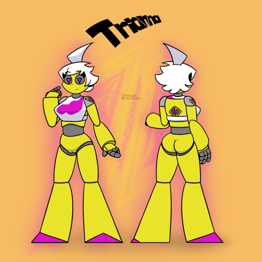 1girls bottomless female_focus female_only geometry_dash introduction mechanical_parts pink_eyes redesign robot robot_girl triangle_eyes trianna_(yellolight) white_hair yellolight yellow_body