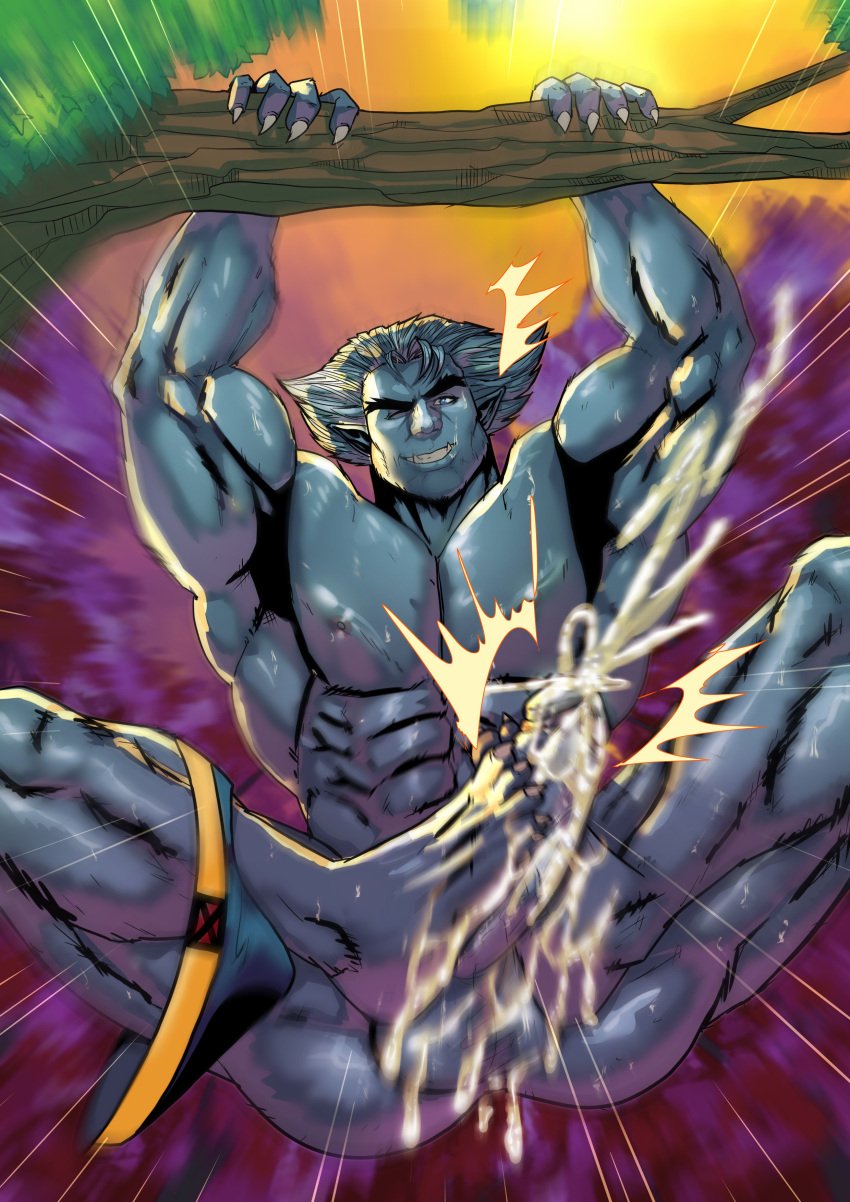 anthro autofootjob balls bara beast_(x-men) big_balls big_penis blue_skinned_male boner cum erection footjob furry gay hank_mccoy male male_only marvel marvel_comics muscles muscular orgasm penis solo solo_male sweaty tom_cray x-men