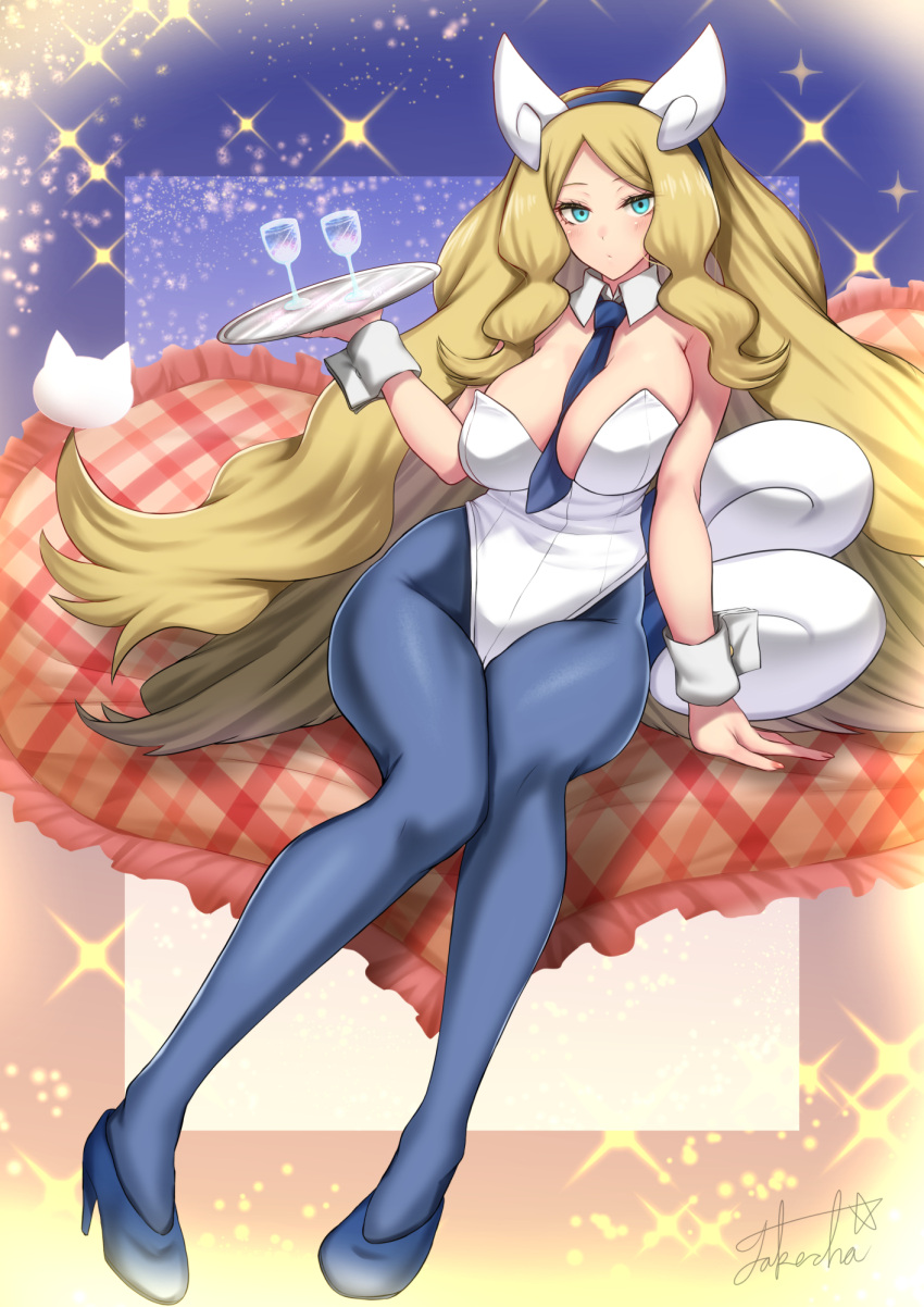 2022 artist_signature big_breasts blonde_female blonde_hair blue_eyes blush bunnysuit caitlin_(pokemon) cat_ears_hairband cat_symbol cleavage collar commission commissioner_upload cosplay cuff_links drinks female game_freak heart_pillow heels high_heels holding_serving_tray hourglass_figure leggings long_blonde_hair long_hair looking_at_viewer meowstic meowstic_(cosplay) nintendo pillow pokemon pokemon_(cosplay) pokemon_bw serving_tray shirt_cuffs sitting takecha thick_thighs thighs tie tie_between_breasts very_long_hair wide_hips