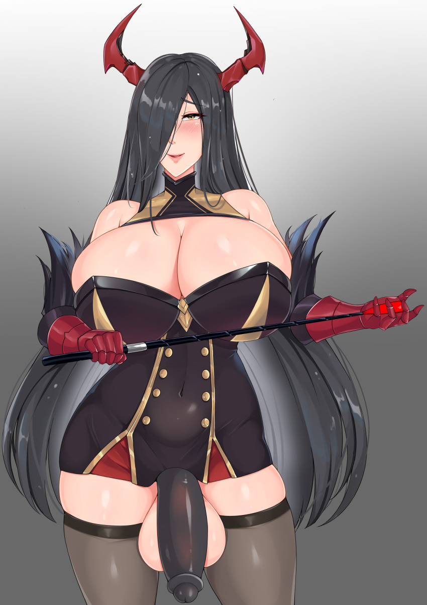 1futa azur_lane balls big_balls big_penis black_hair breasts casual cleavage clothed clothing cock_sleeve cock_sleeve_(clothes) cock_sock elbow_gloves flaccid friedrich_der_grosse_(azur_lane) futa_only futanari genitalwear gigantic_breasts gloves huge_balls huge_breasts humanoid humanoid_penis light-skinned_futanari light_skin long_hair mostly_clothed penis pondbs revealing_clothes riding_crop skindentation solo solo_futa standing thick_thighs thighhighs wide_hips