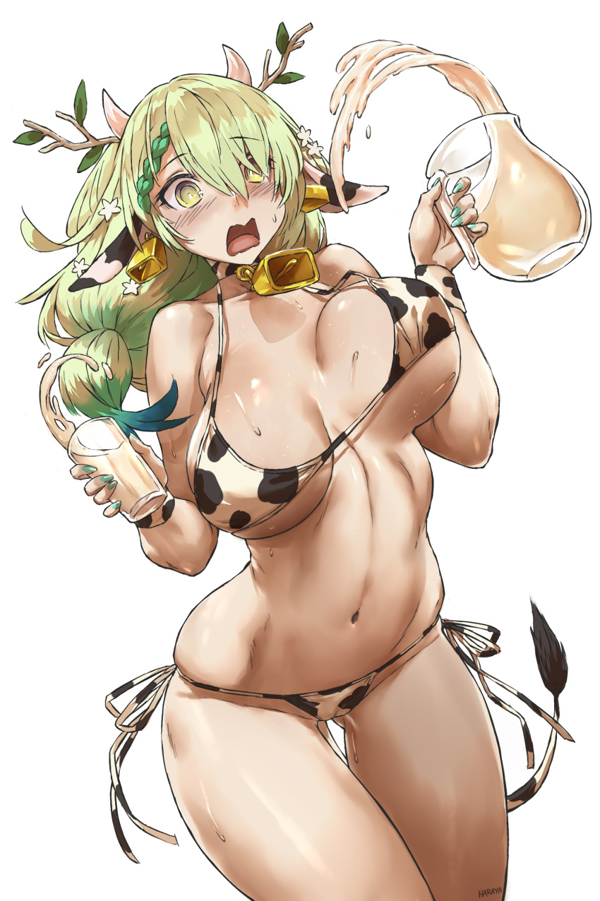 :0 bikini ceres_fauna cow_bikini cow_ears cow_print cow_tail cowbell glass green_hair green_nails haraya hololive hololive_english hololive_english_-council- hololive_english_-promise- horns milk virtual_youtuber white_background