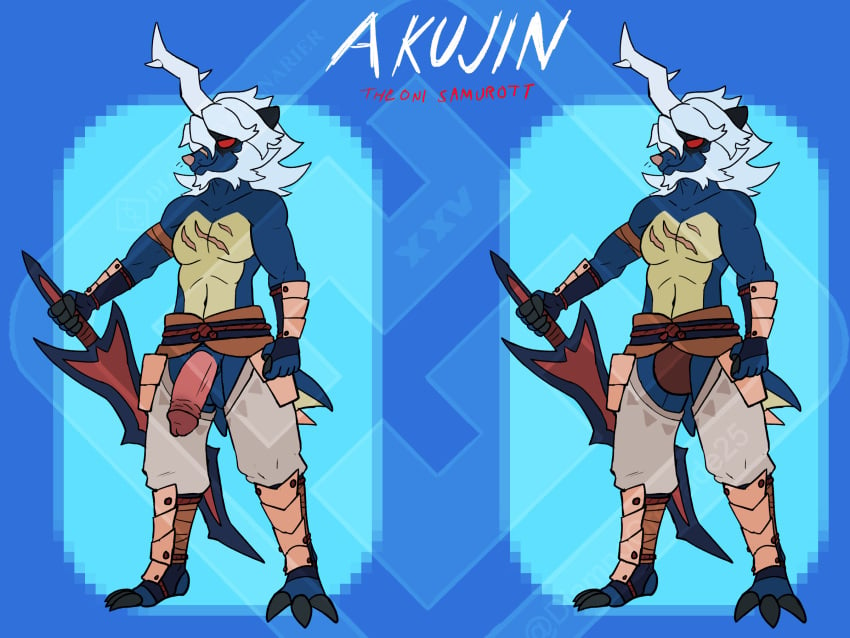 4:3 akujin_the_oni_samurott anthro armor armwear asian_clothing blue_body bracers clothed clothing diamond_grenadier east_asian_clothing genitals hi_res hisuian_form hisuian_samurott horn japanese_clothing male melee_weapon nintendo penis pokémon_(species) pokémorph pokemon poking_out red_eyes regional_form_(pokémon) samurott scar shin_guards shiny_pokémon solo solo_focus sword unconventional_clothing unconvincing_armor video_games waistband weapon