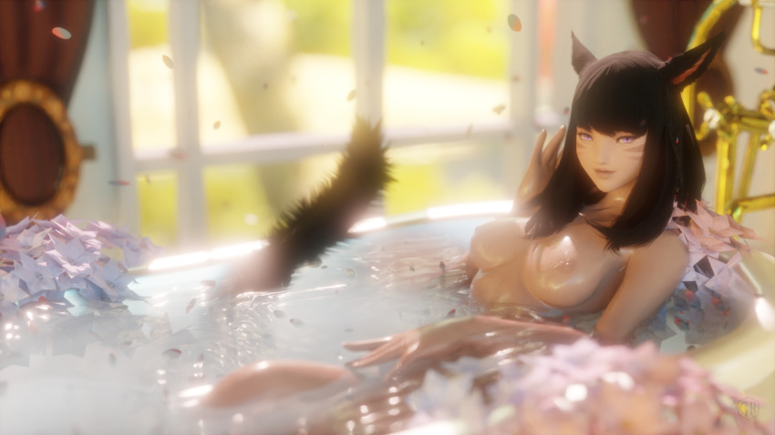 3d bath bathroom big_breasts black_hair final_fantasy final_fantasy_xiv flower flowers gpose(ffxiv) miqo'te nipples purple_eyes rose_petals square_enix tanned thegrteam wet