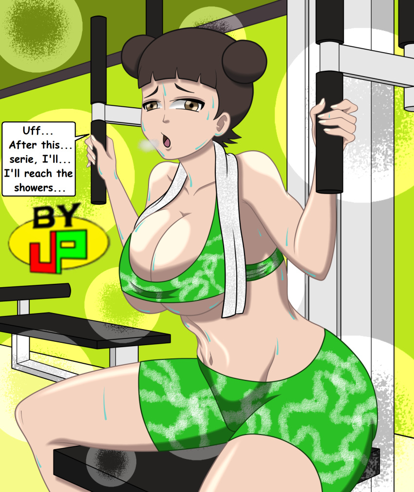 1girls 2022 abs alternate_costume arms_at_sides athletic athletic_female blunt_bangs boruto:_naruto_next_generations breasts brown_eyes bubble_ass bubble_butt cleavage double_bun epic_jp exercise exercise_equipment exercise_machine exhausted female_only gym hair_bun holding_object kunoichi looking_at_viewer mature mature_female midriff muscular muscular_female naruto naruto_(series) naruto_shippuden ninja shounen_jump sitting solo solo_focus spats speech_bubble sports_bra spread_arms spread_legs sweat sweatdrop sweating talking talking_to_viewer tenten text text_bubble tight_clothing tired towel towel_around_neck voluptuous workout workout_clothes