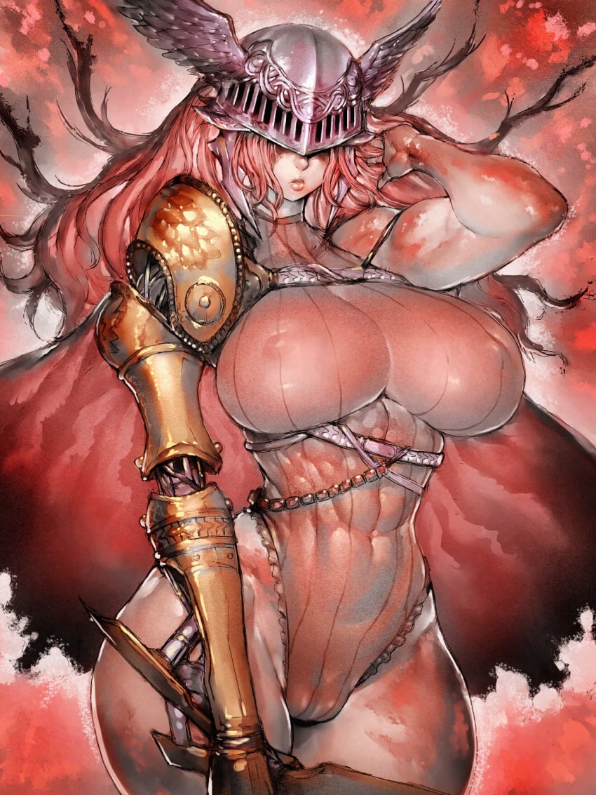 1girls abs big_breasts curvaceous curvy curvy_body curvy_female curvy_figure curvy_hips elden_ring female female female_focus female_only fromsoftware fumio_(rsqkr) helmet helmet_over_eyes huge_breasts large_breasts long_hair malenia_blade_of_miquella muscular muscular_female nipple_bulge nipples nipples_visible_through_clothing prosthetic prosthetic_arm red_hair red_hair small_waist solo solo_female solo_focus thick_hips thick_thighs wide_hips