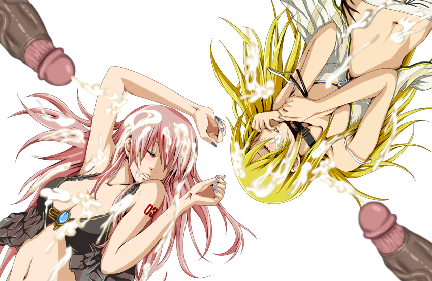 2girls absurd_res after_ejaculation blonde_female blonde_hair blue_nails blush bra breasts collar_belt cum cum_on_armpit cum_on_body cum_on_breasts cum_on_face cum_on_hair edit lily_(vocaloid) lying lying_down megurine_luka penis pink_hair thick_cum very_long_hair vocaloid