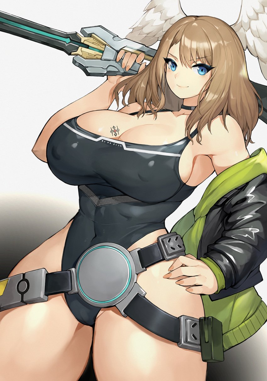 1girls belt blue_eyes breast_tattoo breasts brown_hair cameltoe eunie_(xenoblade) female gradient_background gurimjang huge_breasts leotard nipple_bulge smile solo tattoo thick_thighs weapon wings wings_on_head xenoblade_chronicles_3