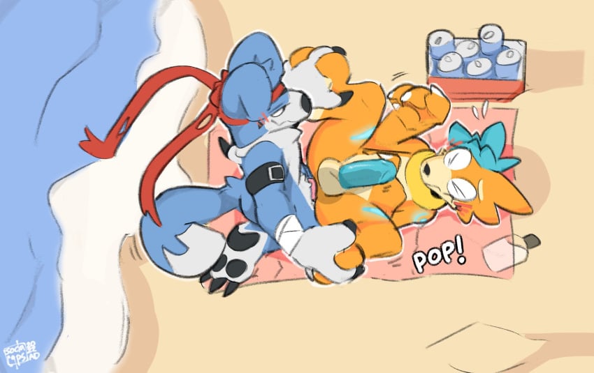 anal anthro balls bandai_namco beach blue_body blue_fur buizel crossover digimon digimon_(species) duo erection fur gaomon genitals hi_res knotting lube male male/male male_penetrated male_penetrating male_penetrating_male nintendo orange_body orange_fur outside penetration penis pokémon_(species) pokemon pokemon_(species) seaside sex sodacaps video_games