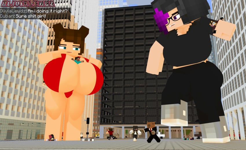 2girls 3d adult applecuban big_breasts blue_eyes brown_hair city clothing commission female female_only giant_breasts giantess macro mine-imator minecraft multicolored_hair olivia_(olivialewdz) olivialewdz public purple_eyes tagme topless