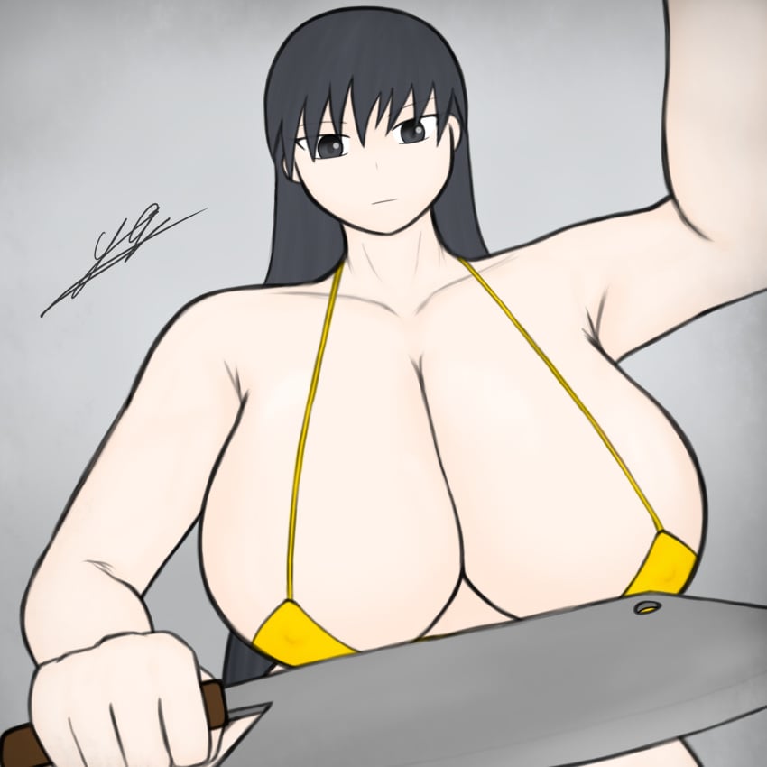 1girls armpit_crease azumanga_daiou big_breasts black_eyes black_hair breasts busty cleavage dominant_female femdom holding_knife huge_breasts large_breasts light-skinned_female light_skin long_hair looking_at_viewer sakaki solo solo_female stabbing stabbing_viewer yayumil yellow_bikini yellow_swimsuit