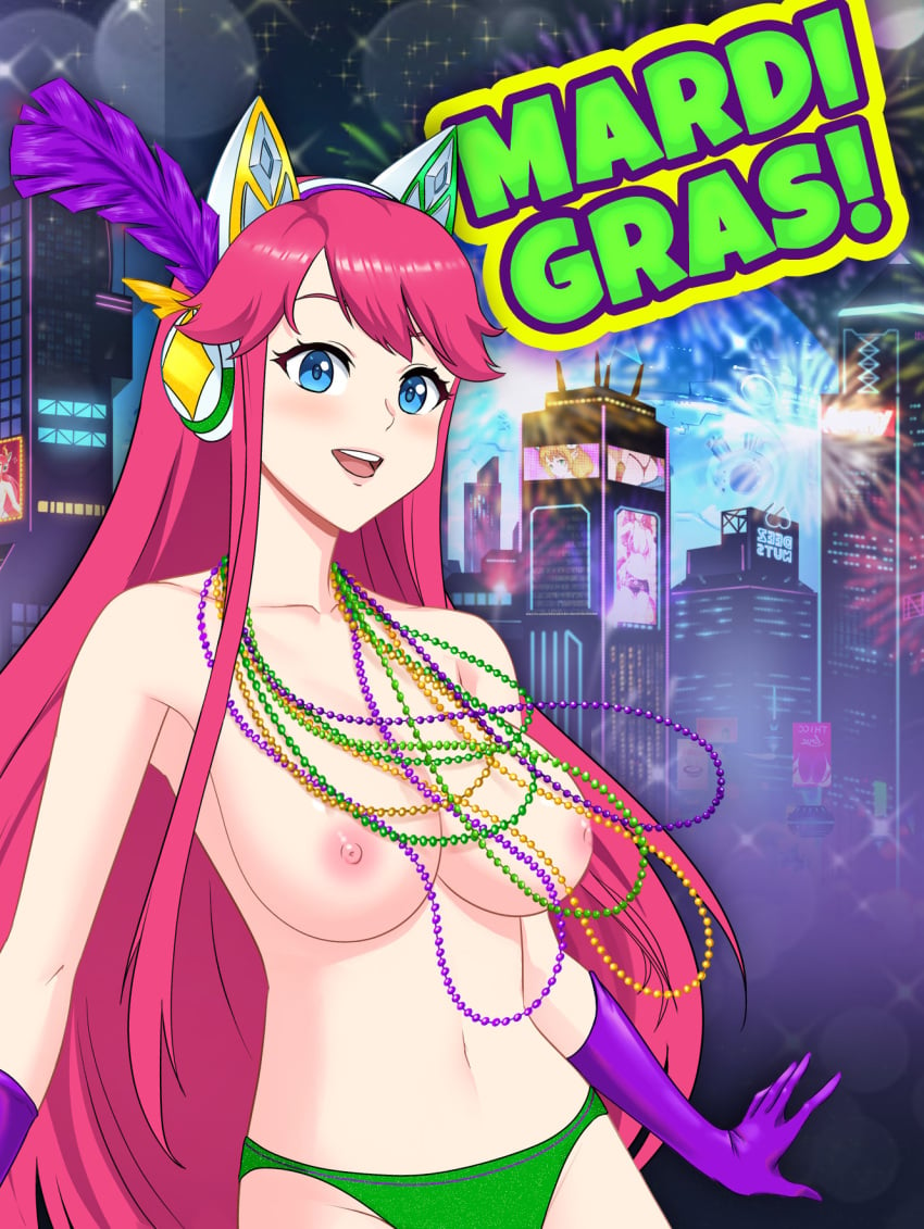 areola bead_necklace blue_eyes blush breasts cat_ear_headphones city_background elbow_gloves english_text feathers_in_hair fireworks long_hair long_pink_hair looking_at_viewer madri_gras necklaces nipples nutaku nutaku-tan panties pink_hair smile smiling_at_viewer text