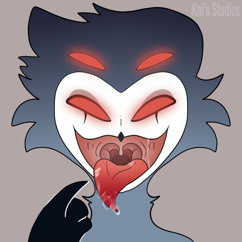 anthro ars_goetia fetish furry helluva_boss hi_res kais_studios mawshot mouth_shot saliva salivating simple_background solo_male stolas_(helluva_boss) vore