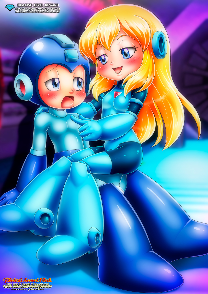 arousal bbmbbf blush capcom crossover diamond_level embarrassed flirting mega_man mega_man(classic) mega_man_(character) palcomix pietros_secret_club rokko-chan rokko-chan_(character)