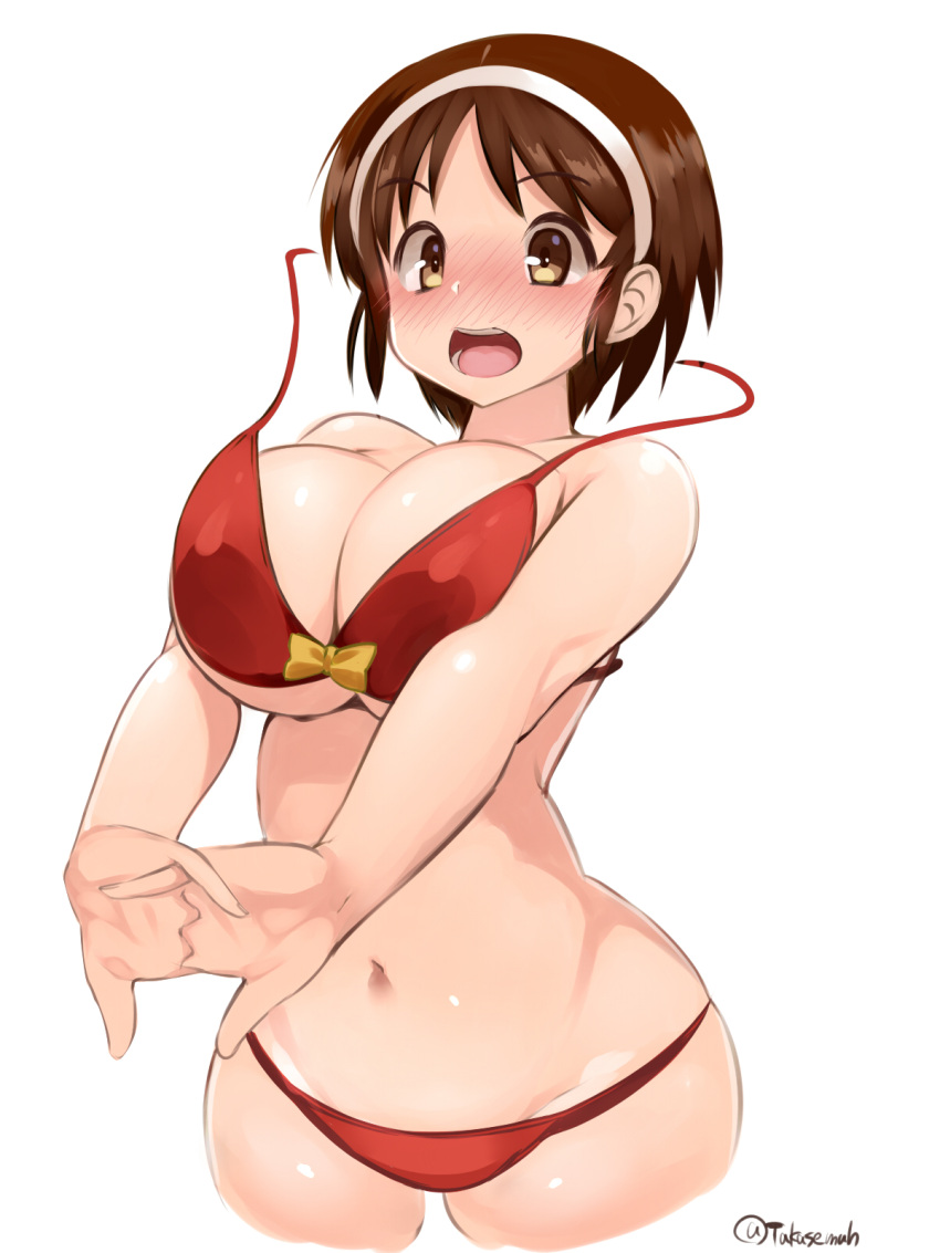 1girls alternate_costume bikini blush breasts brown_eyes brown_hair female female_only hairband highres huge_breasts kantai_collection light-skinned_female light_skin natori_(kantai_collection) navel nose_blush open_mouth red_bikini short_hair solo solo_female swimsuit takase_muh wardrobe_malfunction white_background white_hairband