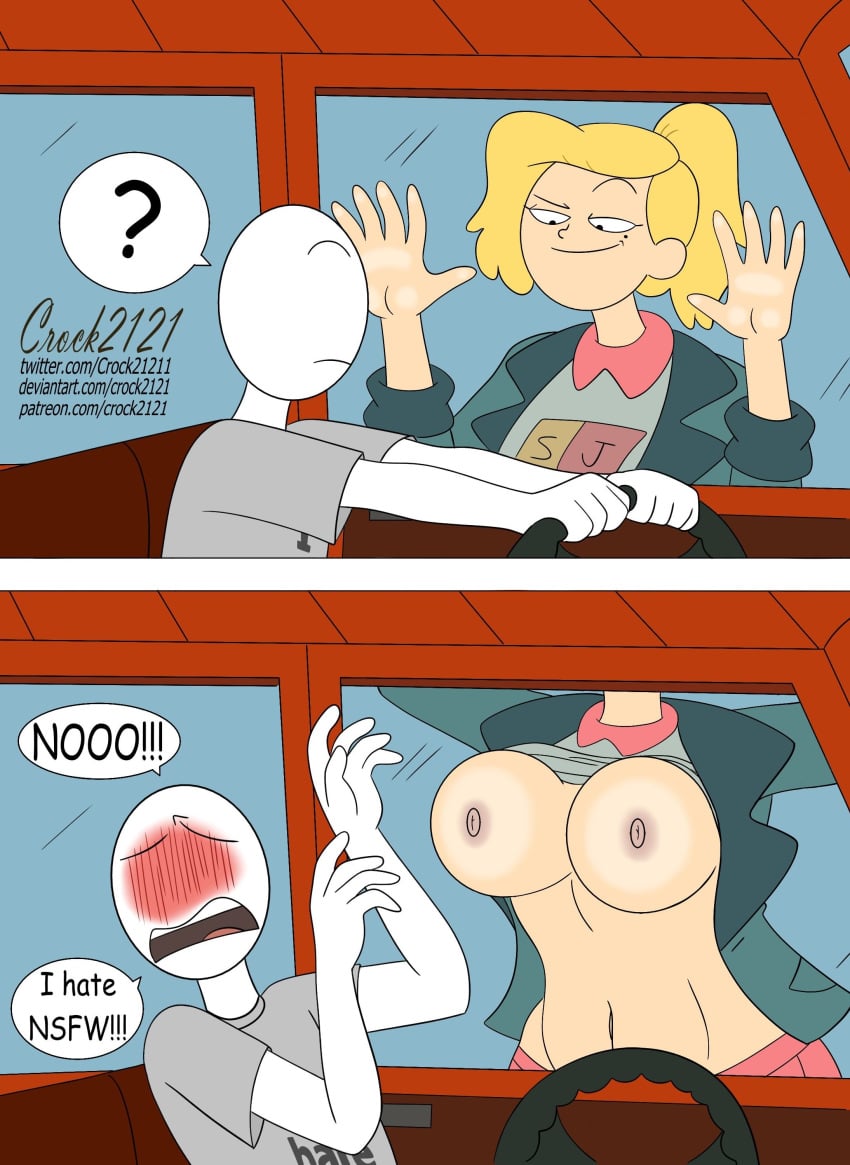 amphibia anon beauty_mark big_breasts big_nipples blonde_female blonde_hair blush breasts car car_window crock21211 disney disney_channel female flashing flashing_breasts male nipples nsfw_hater pressed_on_glass pressed_on_window sasha_waybright smaller_female smooth_skin squished_breasts thick_body thick_breasts