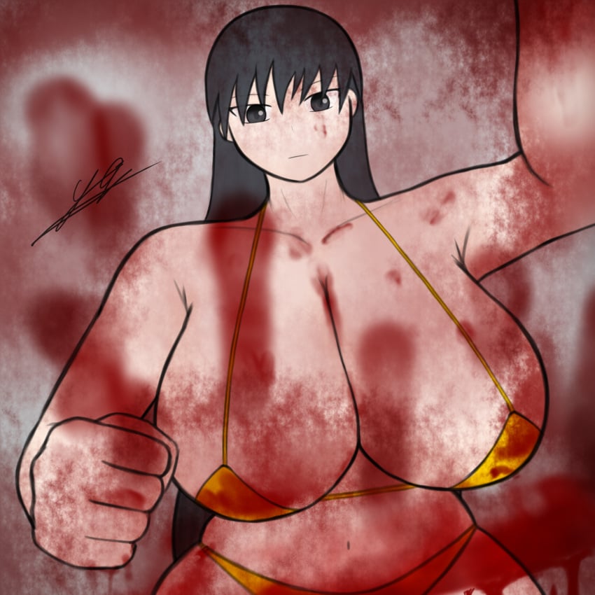 1girls armpit_crease azumanga_daiou black_eyes black_hair blood breasts dominant_female femdom fist guro huge_breasts light-skinned_female light_skin looking_at_viewer pov punching punching_face punching_viewer sakaki solo solo_female yayumil yellow_bikini yellow_swimsuit