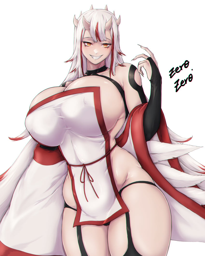 1girls big_breasts feathers female grin horns huge_breasts kuusetsu large_breasts long_hair long_nails looking_at_viewer mato_seihei_no_slave multicolored_hair red_eyes signature silver_hair smile solo tagme teeth thick thick_thighs visible_nipples voluptuous white_hair wide_hips zer0artzer0