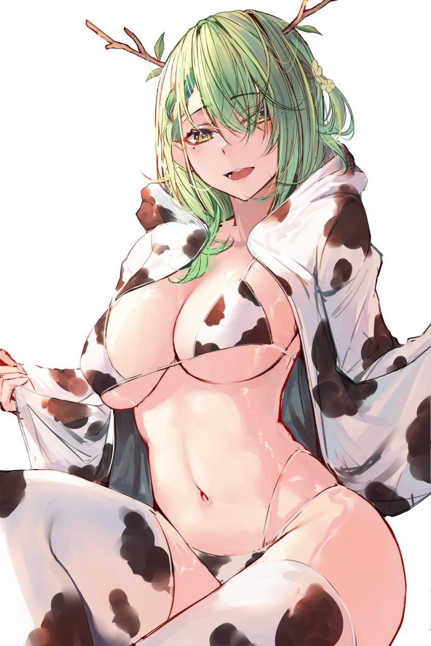 beauty_mark bikini bikini_bottom bikini_top ceres_fauna clothes_pull cow_bikini cow_print flowers_in_hair ginga_elyka green_hair hololive hololive_english hololive_english_-council- hololive_english_-promise- hoodie horns looking_at_viewer naokomama opening_jacket pov thighhighs virtual_youtuber yellow_eyes