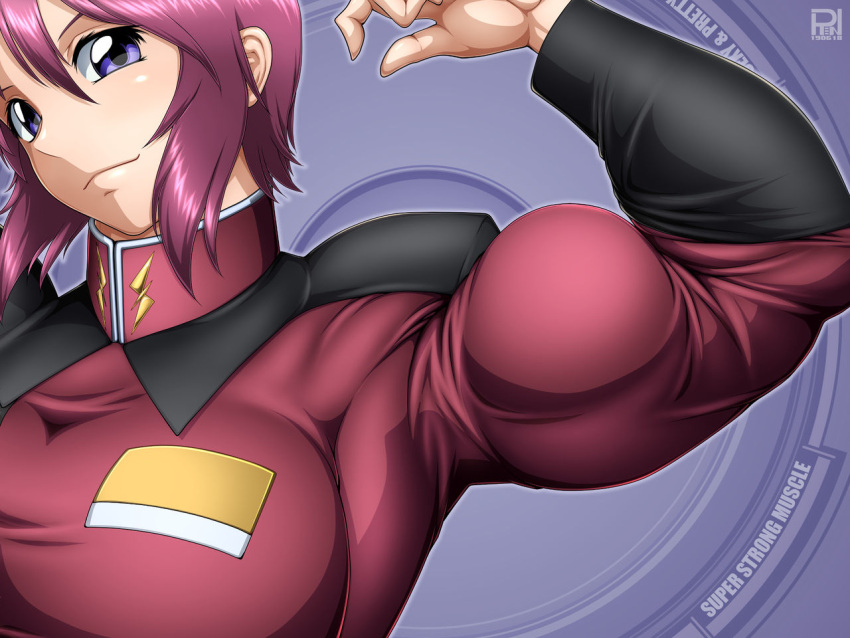 1girls amazon athletic_female badge blush breasts cleavage female_focus female_only flexing_arms flexing_bicep flexing_muscles gundam gundam_seed gundam_seed_destiny looking_at_viewer lunamaria_hawke muscle muscle_tone muscular muscular_arms muscular_female purple_eyes purple_hair red_hair red_uniform relaxed ren_(tainca2000) rentb short_hair simple_background sleeves smile thick_arms uniform