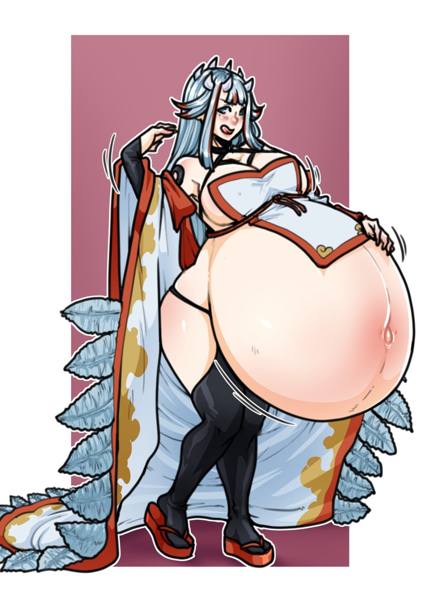 after_vore apron big_ass big_belly big_breasts cleavage ecchipandaa feathers hand_gesture horns kimono kuusetsu licking_lips looking_at_viewer mato_seihei_no_slave multicolored_hair platform_heels platform_sandals post_vore red_hair same_size_vore sandals silver_hair stockings stomach_bulge tagme thick_thighs tongue_out vore vore_belly white_hair