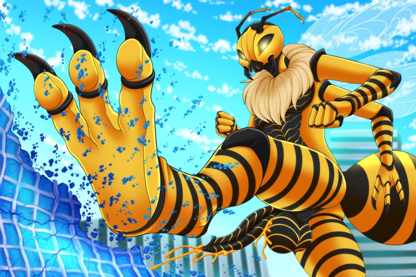 2022 3_fingers 3_toes anthro anthrofied arthropod balls black_body building cloud digital_media_(artwork) feet fingers fist foot_focus furrypur genitals hi_res hymenopteran insects kick macro penis sky skyscraper striped_body stripes toes wasp yellow_body