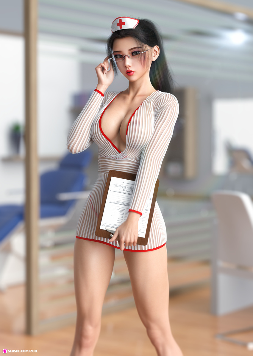 1girls 3d black_hair cleavage cleavage_dress clipboard glasses hands_on_glasses holding_clipboard light-skinned_female looking_at_viewer nurse nurse_uniform pale-skinned_female red_lipstick see-through solo solo_female therealzoh visible_underwear zoh