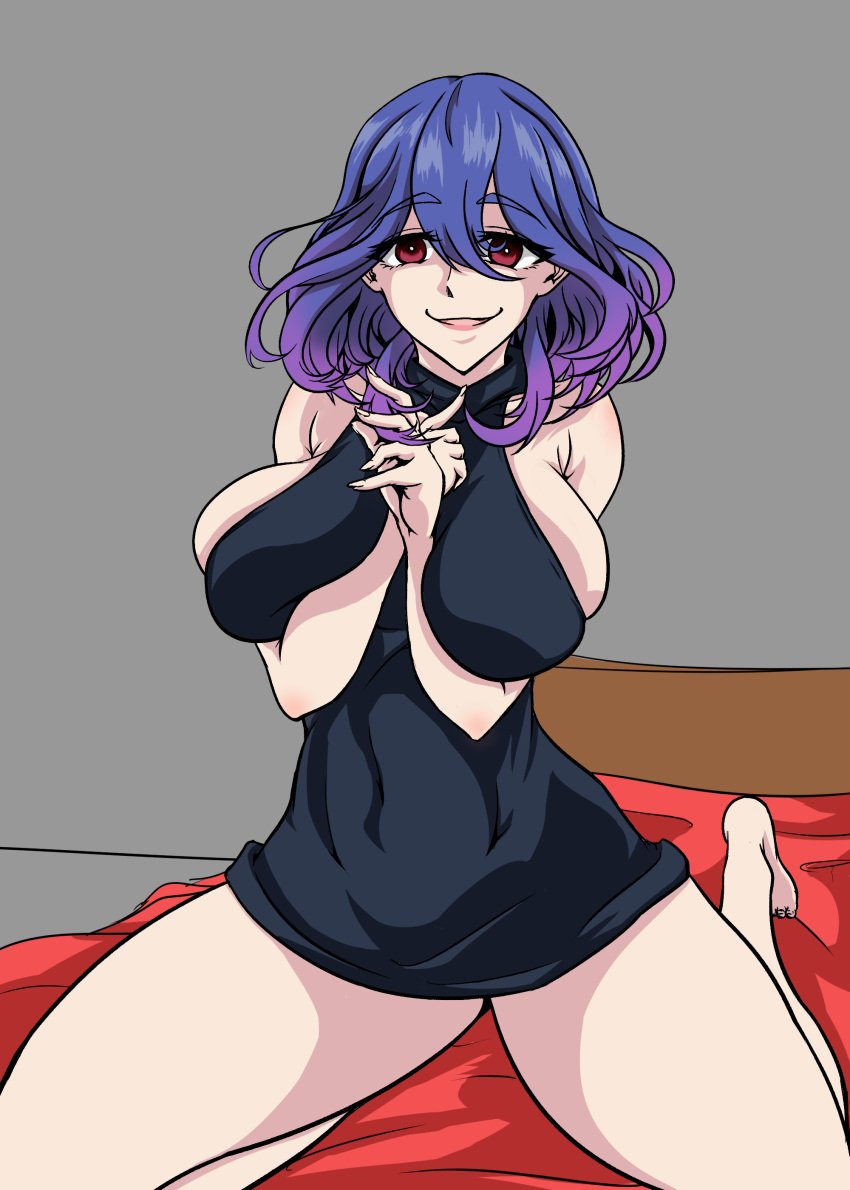 1girls :) barefoot big_breasts black_dress breasts breasts_peeking_out_of_shirt female female_only happy happy_female huge_breasts kinsou_no_vermeil light-skinned_female light_skin milf nachimah on_bed purple_hair red_eyes smile smiling smiling_at_viewer solo solo_female succubus thick_thighs vermeil vermeil_(kinsou_no_vermeil) vermeil_in_gold wholesome