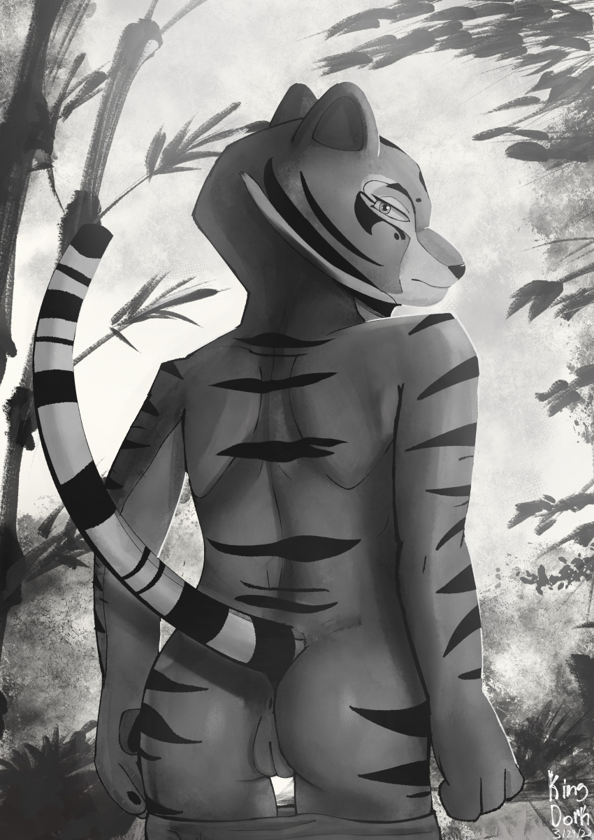 2022 absurd_res anthro anus ass bottomwear bottomwear_down clothed clothing dreamworks felid female frown genitals greyscale hi_res kingdorkster kung_fu_panda looking_at_viewer looking_back looking_back_at_viewer mammal markings master_tigress monochrome pantherine pants pants_down partially_clothed pussy raised_tail rear_view solo striped_markings striped_tail stripes tail_markings tiger topless topless_anthro topless_female