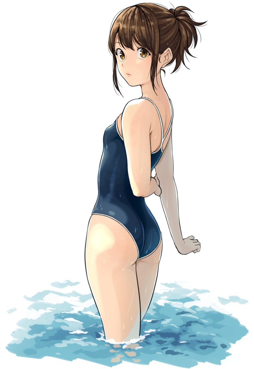 alternate_version_available brown_eyes brown_hair butt_crack female female_only gintama kobaji looking_at_viewer looking_back one-piece_swimsuit partially_submerged ponytail school_swimsuit shimura_tae skin_tight small_breasts solo swimsuit tight_clothing wading water wet wet_skin