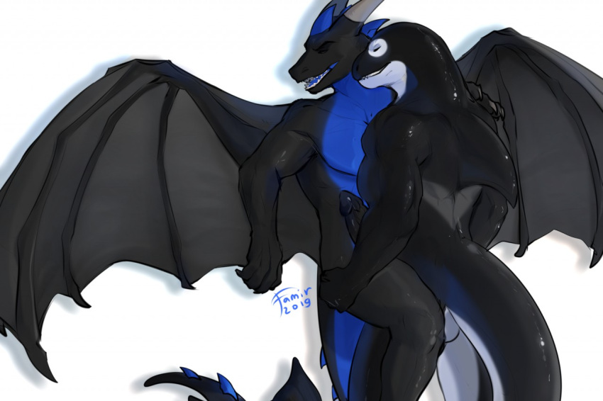 2019 anthro anthro_on_anthro backsack balls black_body blue_body cetacean closed_eyes dated delphinoid dragon duo erection famir_(artist) genitals grey_horn grey_wings horn male male/male mammal marine membrane_(anatomy) membranous_wings nude oceanic_dolphin open_mouth orca sex sharp_teeth signature simple_background standing standing_sex teeth toothed_whale white_background white_balls white_body wings