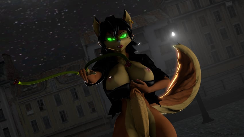 3d anthro big_breasts breasts carmelita_fox clothing cosplay dickgirl female furry futa_only futanari green_eyes men_in_black men_in_black_ii ok_bruh serleena_(men_in_black) sly_cooper_(series) source_filmmaker tail