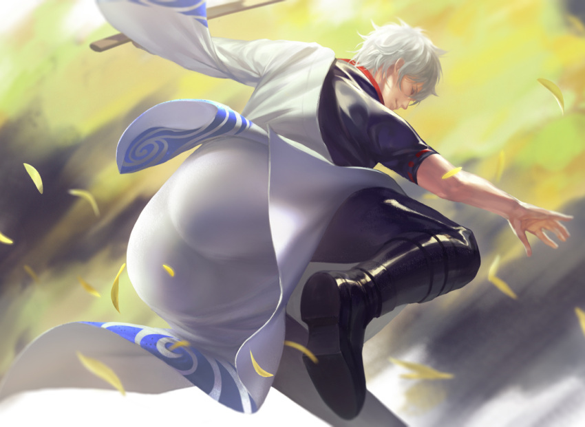 ass ass_focus big_ass boots bubble_butt fully_clothed gintama gintoki_sakata hadanugi_dousa hangleing japanese_clothes kimono low-angle_view male male_only off_shoulder painting_(artwork) rear_view smile solo white_hair