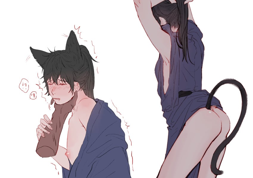 1boy aged_down androgynous arms_up bare_ass bishonen black_hair blush bubble_butt cat_ears cat_tail catboy closed_eyes disembodied_hand femboy gintama hijikata_toshiro hsixxx kemonomimi kimono long_hair long_hair_male male male_focus multiple_scenes no_underwear pale-skinned_male pale_skin ponytail solo_focus tail teenager trembling tying_hair