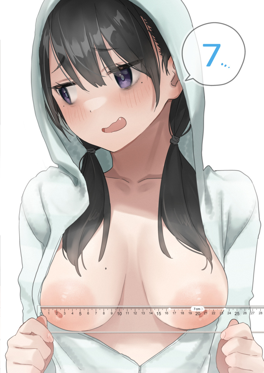 absurdres areola_measuring aumann bags_under_eyes bangs black_hair blush breasts bust_measuring collarbone embarrassed female female highres hood inverted_nipples large_areolae large_breasts looking_to_the_side low_twintails measuring measuring_stick medium_hair mole mole_on_breast mole_under_eye nipples oerba_yun_fang original purple_eyes ruler simple_background solo spoken_number twintails upper_body white_background