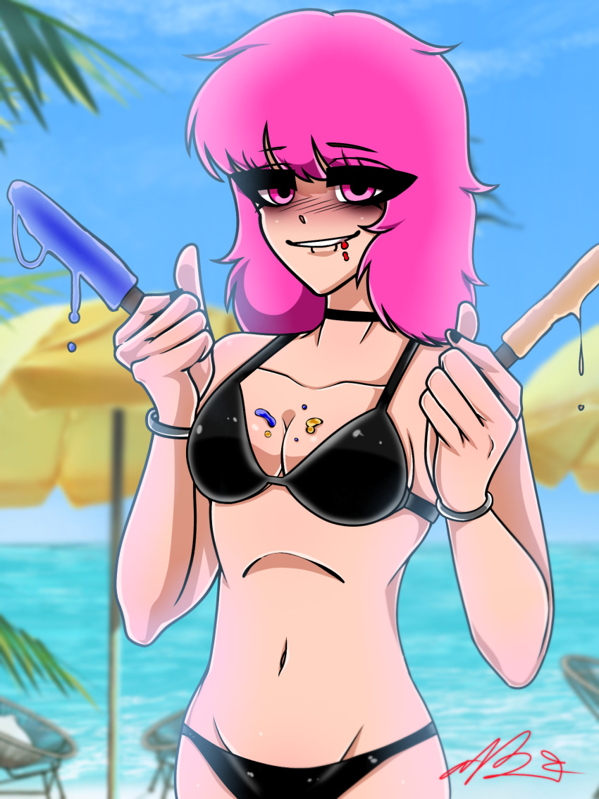 artist_self-insert artist_signature bikini blush choker cute_deth cute_deth(artist) cute_deth(character) dripping goth_girl ice_cream pink_eyes pink_hair popsicle popsicle_melting self_insert small_breasts thin