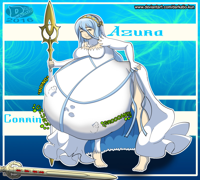 after_vore azura_(fire_emblem) barefoot big_belly big_breasts blue_hair cleavage closed_eyes corrin_(fire_emblem) darkatio female fire_emblem fire_emblem_fates hand_imprint lance long_hair nintendo post_vore same_size_vore smile stomach_bulge sword thick_thighs vore watermark