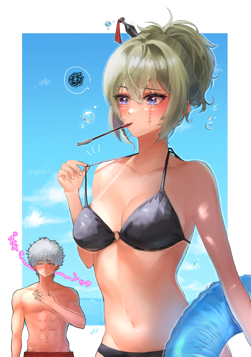 1boy 1girls adjusting_clothes annoyed background_character beach big_breasts bikini black_bikini blonde_female blonde_hair cleavage facial_scar female female_focus gintama gintoki_sakata hair_ornament innertube kiseru levi_0409 male medium_breasts official_alternate_costume pipe ponytail purple_eyes scar smoking swimsuit tanline tsukuyo