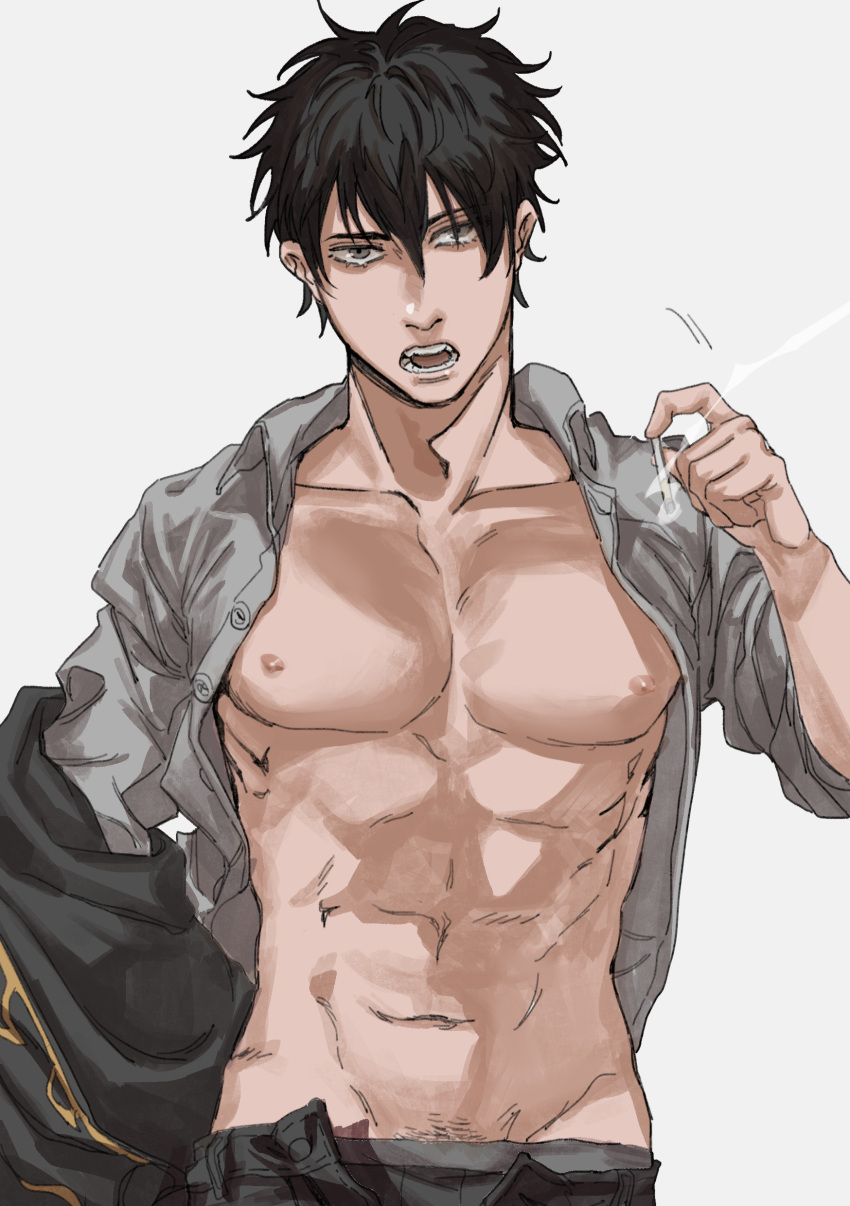 abs bare_chest bare_midriff big_pecs black_hair cigarette gintama hijikata_toshiro hsixxx looking_at_viewer male male_only male_pubic_hair messy_hair open_mouth open_pants open_shirt pecs police police_officer police_uniform pubic_hair_peek shinsengumi_(gintama) sleeves_rolled_up smoking solo undressing uniform