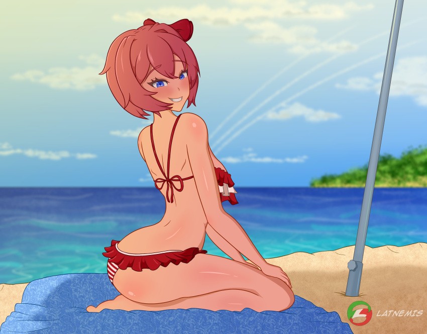 1girls art_trade beach beach_towel bikini blue_eyes bow doki_doki_literature_club just_sayori latnemis red_bow sand sayori_(doki_doki_literature_club) solo solo_female water