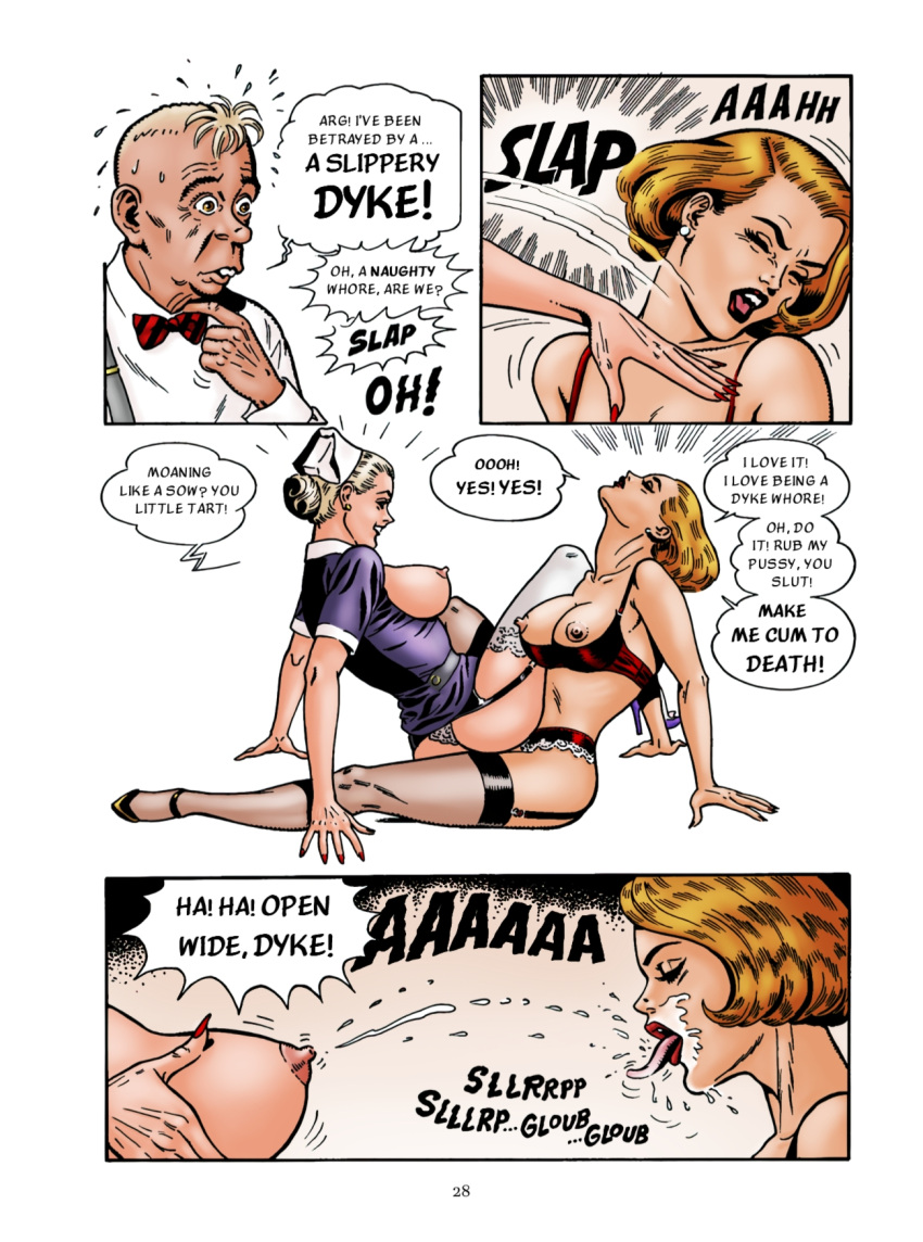 blonde blonde_female blonde_hair breasts_out clothed clothed_sex comic english_text garter_belt garter_straps high_heels lactation large_breasts lesbian male nicky page_28 pussy_to_pussy red_hair scissoring slap slave stockings tribadism