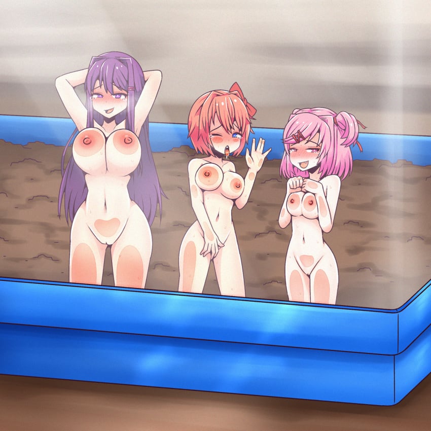 3girls against_glass arms_behind_head big_breasts blue_eyes bow box breasts breasts_against_glass doki_doki_literature_club female female_only huge_breasts in_box inksgirls looking_at_viewer micro_female micro_in_container micro_in_object multiple_girls naked natsuki_(doki_doki_literature_club) nude open_mouth orange_hair pink_eyes pink_hair purple_eyes purple_hair red_bow sayori_(doki_doki_literature_club) small tiny tongue tongue_out yuri_(doki_doki_literature_club)